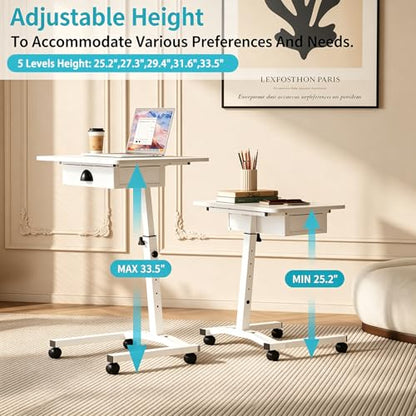 Rolling Adjustable Height Computer Desk With Drawers, Small Mobile Laptop Desk Cart On Wheels For Small Spaces Home Office, Portable Sitting Laptop Table For Bed Couch Load Up To 60LBS, Sturdy, White - color: White