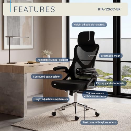 Techni Mobili High Back Mesh Office Chair w/Lumbar Support,Ergonomic, Black