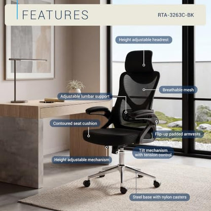 Techni Mobili High Back Mesh Office Chair w/Lumbar Support,Ergonomic, Black