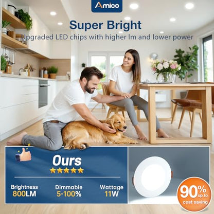 Amico 12 Pack 4 Inch LED Recessed Lighting, Canless Wafer Downlight, White | 5CCT 2700K-5000K, 5%-100% Dimmable, Ultra-thin, Metal housing, 800LM 11W 120V, IC & Damp Rated, ETL & FCC, 50000h Life Span - color: White, size: 4 Inch