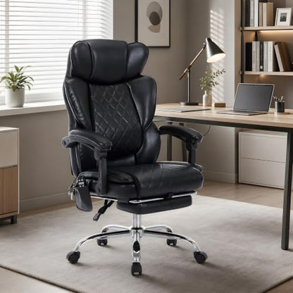 MALOL Executive Office Chair, 22.05" Wide Leather Ergonomic Office Chair with Lumbar Support, Footrest and 6-Point Vibration Massage, Reclines 94°-125° for Home Office Room, Black