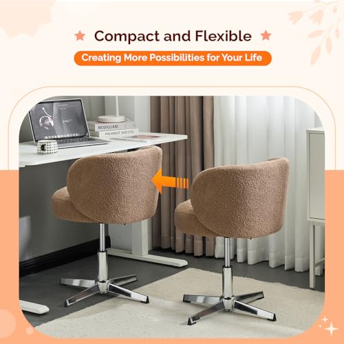VINGLI Cute Small Swivel Desk Chair Comfy no Wheels,Ergonomic Low-Back Lumbar Support Vanity Nail Tech Computer Task Stool Chair for Home Office,Height Adjustable,Teddy Fleece,Brown - color: Brown-teddy Fleece, style: No wheel