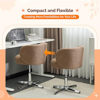 VINGLI Cute Small Swivel Desk Chair Comfy no Wheels,Ergonomic Low-Back Lumbar Support Vanity Nail Tech Computer Task Stool Chair for Home Office,Height Adjustable,Teddy Fleece,Brown - color: Brown-teddy Fleece, style: No wheel