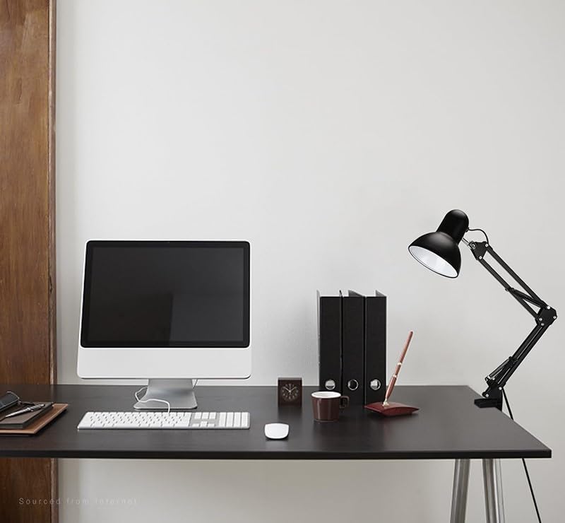 Adjustable Clamp Desk Lamp 24" Height, Swing Arm Architect Metal Table Lamp, Gooseneck and 360° Rotating Shade, E26 Base (Bulb NOT Included) Black Clip-On Light for Office, Study, Reading, Crafting
