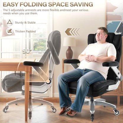 Fabric 600LBS Heavy Duty Office Chair with 5D Flip Arms for Heavy People,Comfy Cloth Big and Tall Desk Chair with Pocket Spring Cushion,High Back Computer Chair with Adjustable Lumbar Support - color: Fabric Black