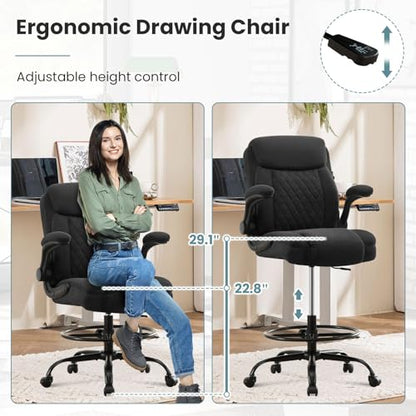 MAHOMICO Drafting Chair for Standing Desk – Tall Office Chair with Adjustable Height & Foot Ring, Flip-Up Arms, Lumbar Support – Comfortable Fabric Seat, Ideal Home Desk Chair - color: Black