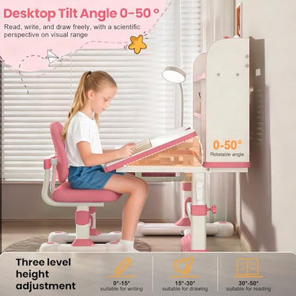 Kid Study Desk and Chair Set 3-12 Height Adjustable Ergonomic Desk | School Art Desk, 50° Tiltable Desktop, Easy-Turn Crank, Storage Drawer & Built-in Bookstand for Children Boys & Girls - color: 013-pink-31.5in