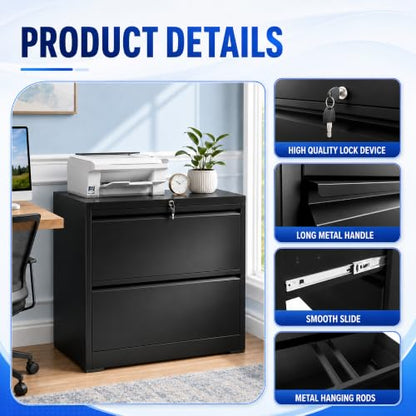 2 Drawer Lateral File Cabinet with Lock, 35.4" W File Cabinet - color: Black, size: 35.4"W - 2 Drawer