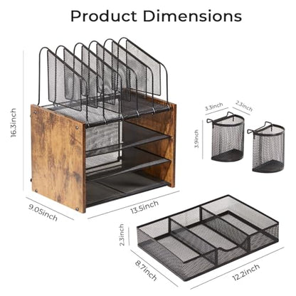 4-Tier Desk Organizer with Drawer, Wooden Mesh File Organizer with 5 Vertical Sorters & 2 Pen Holders, Multi-Functional Desktop Organizer for Home, Office & School