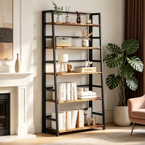 JSB 5 Tier Bookshelf, No Assembly Folding Ladder Bookshelf, 51.6in Tall Foldable Ladder Shelf, Bookcase for Home Office, Living Room,Space-Saving (Rustic & Brown, 5 Tier) - color: Rustic & Brown