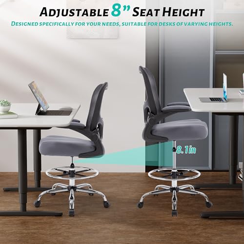500LBS Ergonomic Drafting Chair Tall Office Chair for Counter Height or Standing Desk, Executive High Office Chairs with W-Shaped Thick Seat Cushion, Footrest Ring & Breathable Fabric, Dark Grey - color: Black Frame Dark Grey Fabric