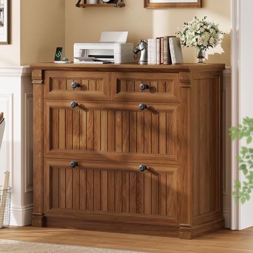 SEDETA 4 Drawers File Cabinet, 33" Farmhouse Filing Cabinets for Home Office fit Legal/Letter/A4 File, Wood Office File Cabinet with Power Outlets, Printer Stand with Storage, Brown - color: Brown