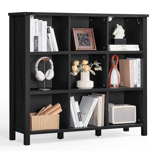 Joaxswe 9 Cube Bookcase, Farmhouse 47 Inch Wide Black Bookshelf, Wooden 3 Tier Display Large Open Book Shelf, Vintage Horizontal Book Case for Home Office, Cubby Storage Cabinet for Living Room - color: Black, size: 9 Cube (13.6 "D x 47.24 "W x 42.2"H)