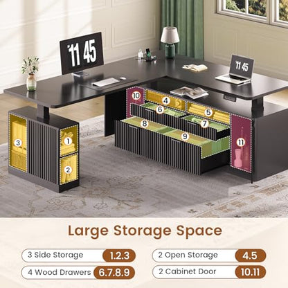 SEDETA L Shaped Electric Standing Desk, 69" x 55"Height Adjustable Office Executive Desk with 4 Drawers and Storage Shelves, Fluted Sit Stand Computer Desk with Power Outlet for Home Office (Black) - color: Black