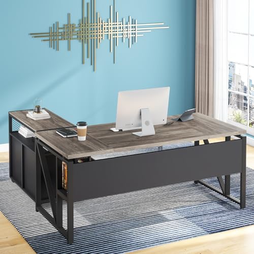 Tribesigns Office Desk with Drawers Sets, 55 inches L Shaped Computer Desk with Mobile File Cabinet,Big Executive Desk for Home Office Furniture Sets (Dark Oak, 55-inch) - color: Grey