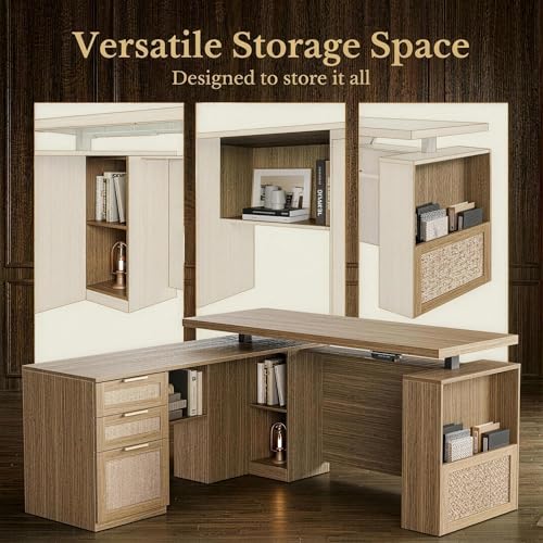 63 Inches L Shaped Electric Standing Desk, Executive Height Adjustable Desk with Drawers and File Cabinet, AC/USB, 1.18" Desktop and Privacy Panel for Home Office, Natural Oak - color: Natural Oak