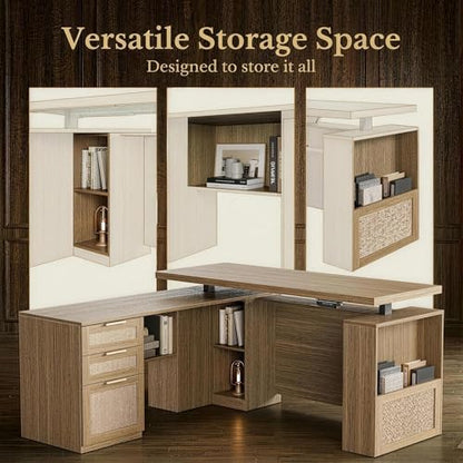 63 Inches L Shaped Electric Standing Desk, Executive Height Adjustable Desk with Drawers and File Cabinet, AC/USB, 1.18" Desktop and Privacy Panel for Home Office, Natural Oak - color: Natural Oak