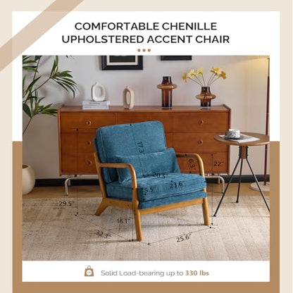 VINGLI Chenille Mid-Century Modern Accent Chair Set of 2, Cute Reading Arm Chair with Cushion & Lumbar Pillow & Solid Wood Frame for Lounge, Living Room, Reading Room, Bedroom, Blue - color: Blue
