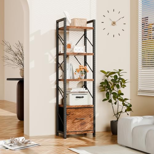 JAMFLY 5 Tier Bookshelf, Tall Bookcase with Drawer, Industrial Display Standing Shelf, Wood Storage Shelf with Metal Frame for Living Room, Bedroom, Home Office, Vintage Brown - color: Vintage Brown With Drawer