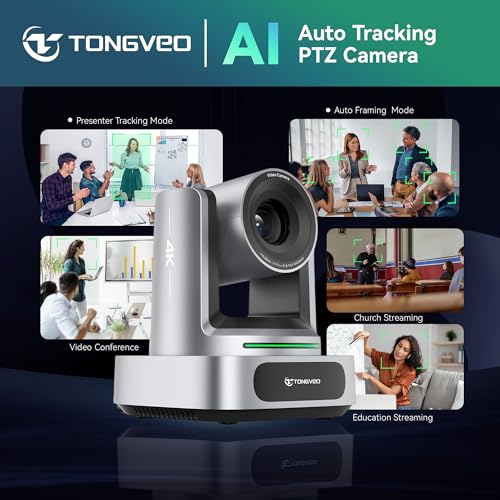 TONGVEO AI 4K PTZ Camera with Auto Tracking, 10X Optical Zoom Video Conferencing Camera, HDMI & USB 3.0 Plug and Play Webcam for Zoom, Teams, Church Worship, Live Streaming, Education - color: Grey
