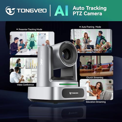 TONGVEO 4K AI 10X PTZ Conference Camera System＆ Bluetooth Speakerphone | 10X Optical Zoom 4K Video Camera, AI Auto Tracking 116° Wide-Angle, 16.4ft Audio Pickup Microphone for Church Worship - color: Silver