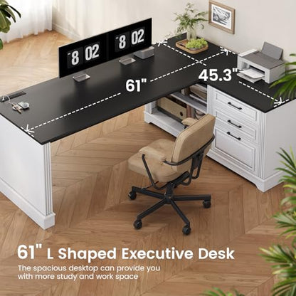 SEDETA Farmhouse 61" Executive L Shaped Desk with Drawers for Home Office - color: White and Black, size: L Shaped Desk