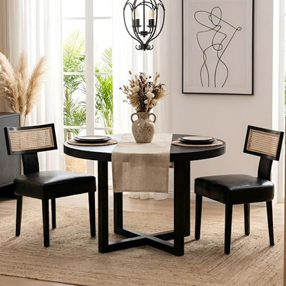 HNY Mid Century Modern Rattan Dining Chairs Set of 2, Farmhouse PU Leather Upholstered Accent Chair Curved Backrest Kitchen Chairs, with Black Hardwood Frame, Black - color: Black Rattan
