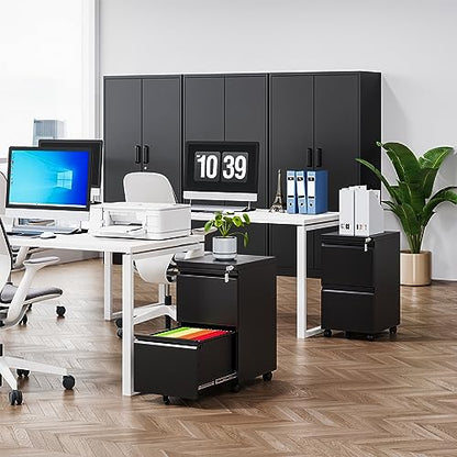 MIIIKO 2 Drawer File Cabinet on Wheels, Home Office Mobile Under Desk with Lock, Vertical Files Drawers for Legal/Letter/A4,Fully Assembled - color: Black, size: 2 Drawer-14.57"W -Mobile-b