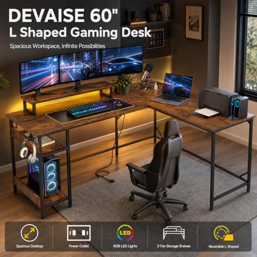 DEVAISE 60 Inch L Shaped Gaming Desk with LED Lights, Rustic Brown | Steel frame and engineered wood desktop with 2 AC outlets, 2 USB ports, monitor stand, and shelves for gaming setups - size: 60 Inch