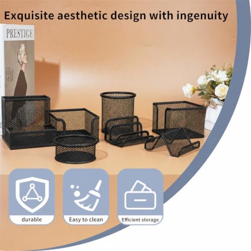 6 Pack Mesh Metal Desk Organizer Office Stationery Storage Set - color: Black
