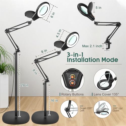 15X Magnifying Glass with Light and Stand, Bright 2,200 Lumens for Multi-Color Modes Dimmable, 3-in-1 Adjustable Swing Arm Floor Lamp, Hands Free Lighted Magnifier for Reading Crafts, Black