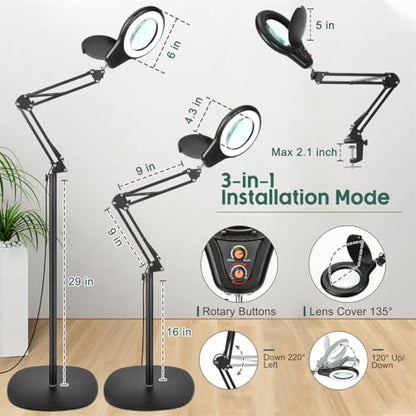15X Magnifying Glass with Light and Stand, Bright 2,200 Lumens for Multi-Color Modes Dimmable, 3-in-1 Adjustable Swing Arm Floor Lamp, Hands Free Lighted Magnifier for Reading Crafts, Black