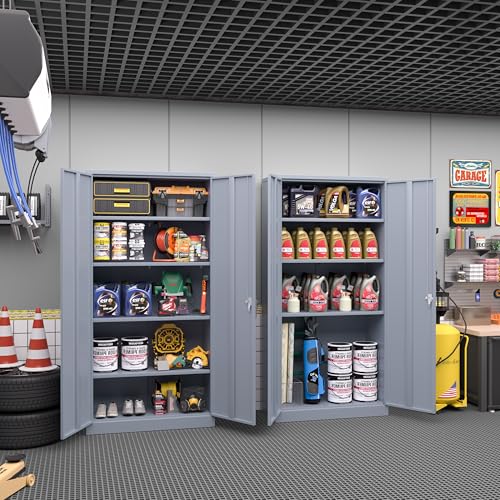Greenvelly Metal Storage Cabinet with Doors and Adjustable Shelves,72" Locking Tool Steel Garage Cabinet, Utility Metal Filing Storage with Lock for Home Office, Garage, School, Kitchen Dark Gray - color: Dark Gray, size: 72" Storage Cabinet