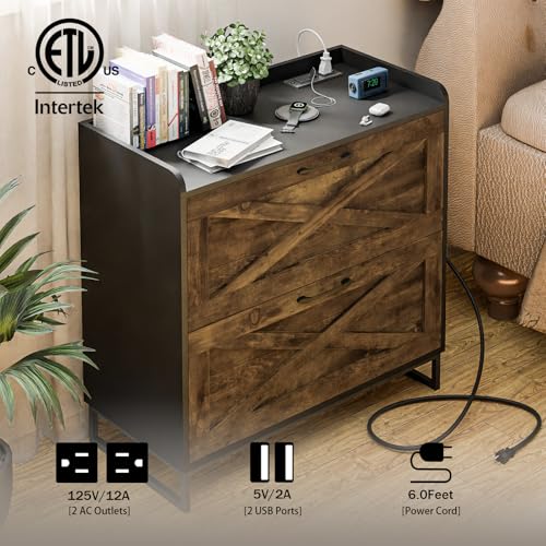Vabches 2 Drawer Lateral File Cabinet with Charging Station, Brown & Black - color: Rustic Brown