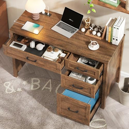 Farmhouse 47" Computer Desk, Executive Desk with File Drawer, Red-Brown. - color: Red-brown