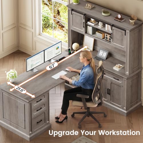SEDETA 67" Farmhouse Executive L Shaped Desk with Hutch & Storage - color: Grey, size: 67" L Shaped Desk with Hutch