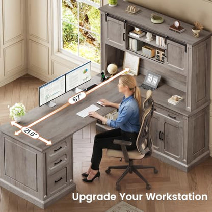 SEDETA 67" Farmhouse Executive L Shaped Desk with Hutch & Storage - color: Grey, size: 67" L Shaped Desk with Hutch