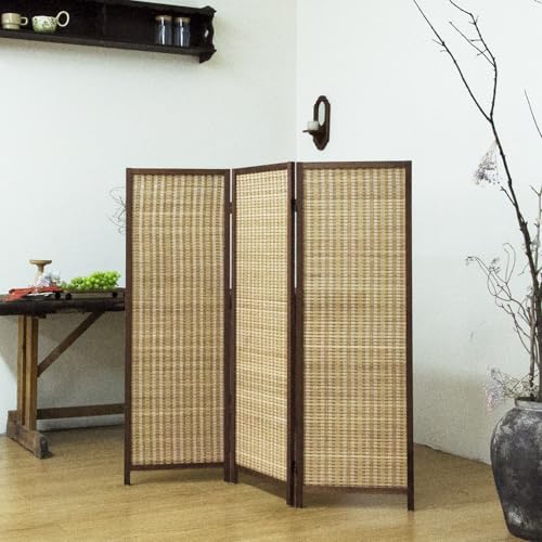 3 Panel Short Room Divider – 3.9 ft Tall Double-Side Folding Privacy Screen, Natural Brown Bamboo Partition Wall for Home Office, Living Room & Corner Spaces - color: Brown, size: 3 Panel