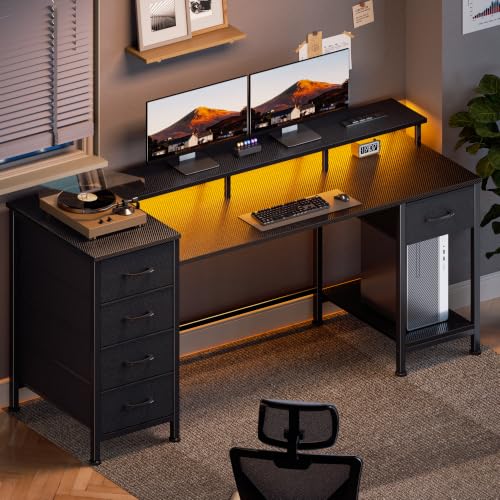 Korfile 55 Inch Gaming Computer Desk with Power Outlets,LED,5 Drawers,Black - color: Black, size: 55 Inch