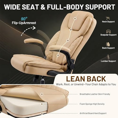 Ergonomic Office Chair, PU Leather High Back Executive Chair with Adjustable Inflatable Lumbar Support and Padded Flip-Up Arms, Recline Swivel Task Computer Chair for Home Office, Khaki - color: Khaki