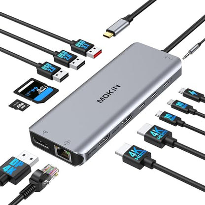 USB C Laptop Docking Station Dual Monitor Dual HDMI 4K DP Triple Display Hub, 13 in 1 MOKiN USB C Hub with 3 Monitors, DisplayPort, USB 3.1, RJ45, 100W PD, Card Reader, Audio/Mic, for Dell HP Lenovo