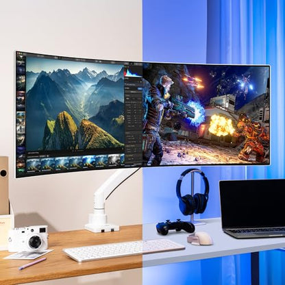 AVLT Single 17"-57" Super Ultrawide Monitor Arm - White | Screens Up to 59.5 lbs Premium Aluminum Desk Stand Adjustable Pneumatic Height Full Motion Swivel Tilt Rotation USB-C&A Ports - color: White-17 to 57 Inch
