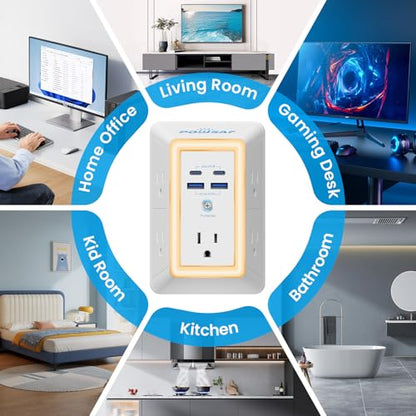 Multi Plug Outlet Surge Protector - POWSAF 5 Outlet Extender with 4 USB Ports(2 USB-C PD 20W) and Night Light, 3-Sided Power Strip with Adapter Spaced Outlets - ETL, White