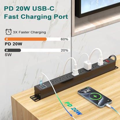 QBA 8 Outlet Metal Power Strip with USB C PD 20W, Heavy Duty Wide Spaced Outlets, Wall Mount for Home Office Garage Workshop, 6ft Cord, Black