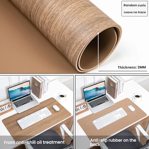 Elegant Wood Grain Leather Desk Pad, Non-Slip Large Mouse Pad Keyboard Mat (24" x 12"), Desk Blotter & Table Protector for Office Home, Birch Khaki - color: Birch Khaki