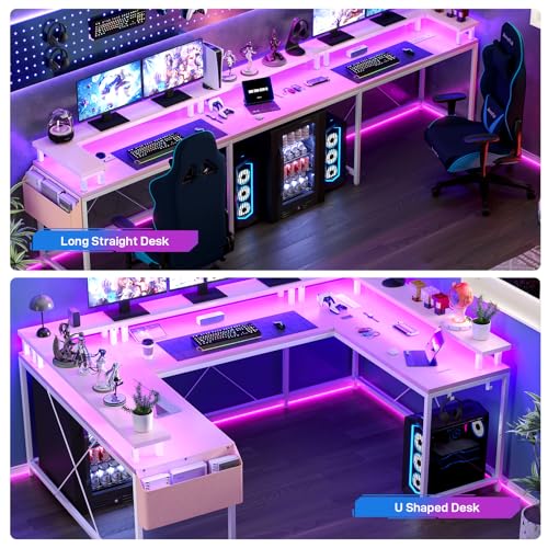 IDEALHOUSE U Shaped Home Office Desk, Reversible L Shaped Gaming Computer Desk with Power Outlets,126 Inch Computer Desk with Monitor Stand and LED Lights,Storage Shelves,Storage Bag and Hooks（Pink） - color: Pink