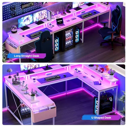 IDEALHOUSE U Shaped Home Office Desk, Reversible L Shaped Gaming Computer Desk with Power Outlets,126 Inch Computer Desk with Monitor Stand and LED Lights,Storage Shelves,Storage Bag and Hooks（Pink） - color: Pink