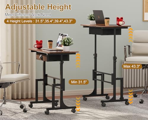 Adjustable Height Standing Desk With Drawer, Rolling Sit Stand Up Desk With Wheels, Small Sit To Stand Computer Desk, Adjustable Desktop Height, On Wheels, Brown, For Walking Pad Laptop Treadmill - color: Brown