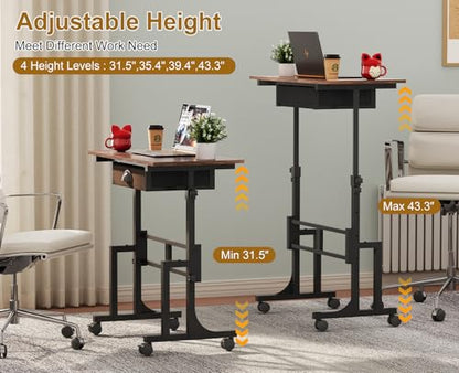 Adjustable Height Standing Desk With Drawer, Rolling Sit Stand Up Desk With Wheels, Small Sit To Stand Computer Desk, Adjustable Desktop Height, On Wheels, Brown, For Walking Pad Laptop Treadmill - color: Brown