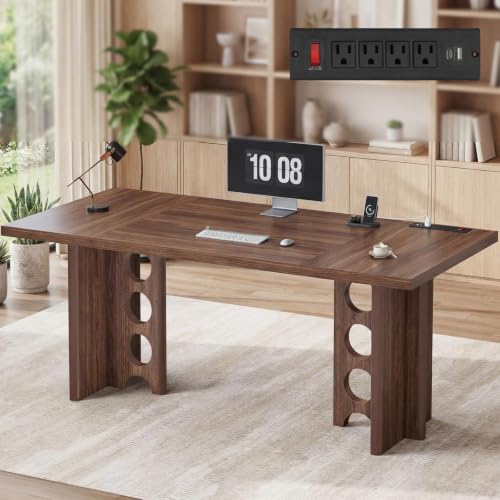 63 Inch Executive Office Desk, Large Computer Office Desks with Power Outlet, Modern Laptop Desk Writing Table Workstation Business Furniture for Home Office, Brown - size: 63 Inch Long